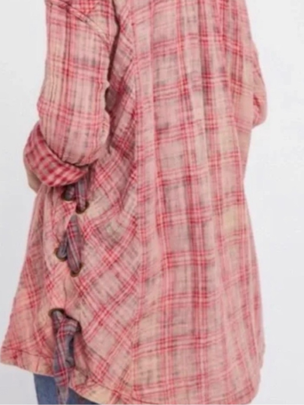 Free People M Pink Red Flannel Plaid Tunic Top Boho Hippie Long Sleeve Shirt - Picture 2 of 12